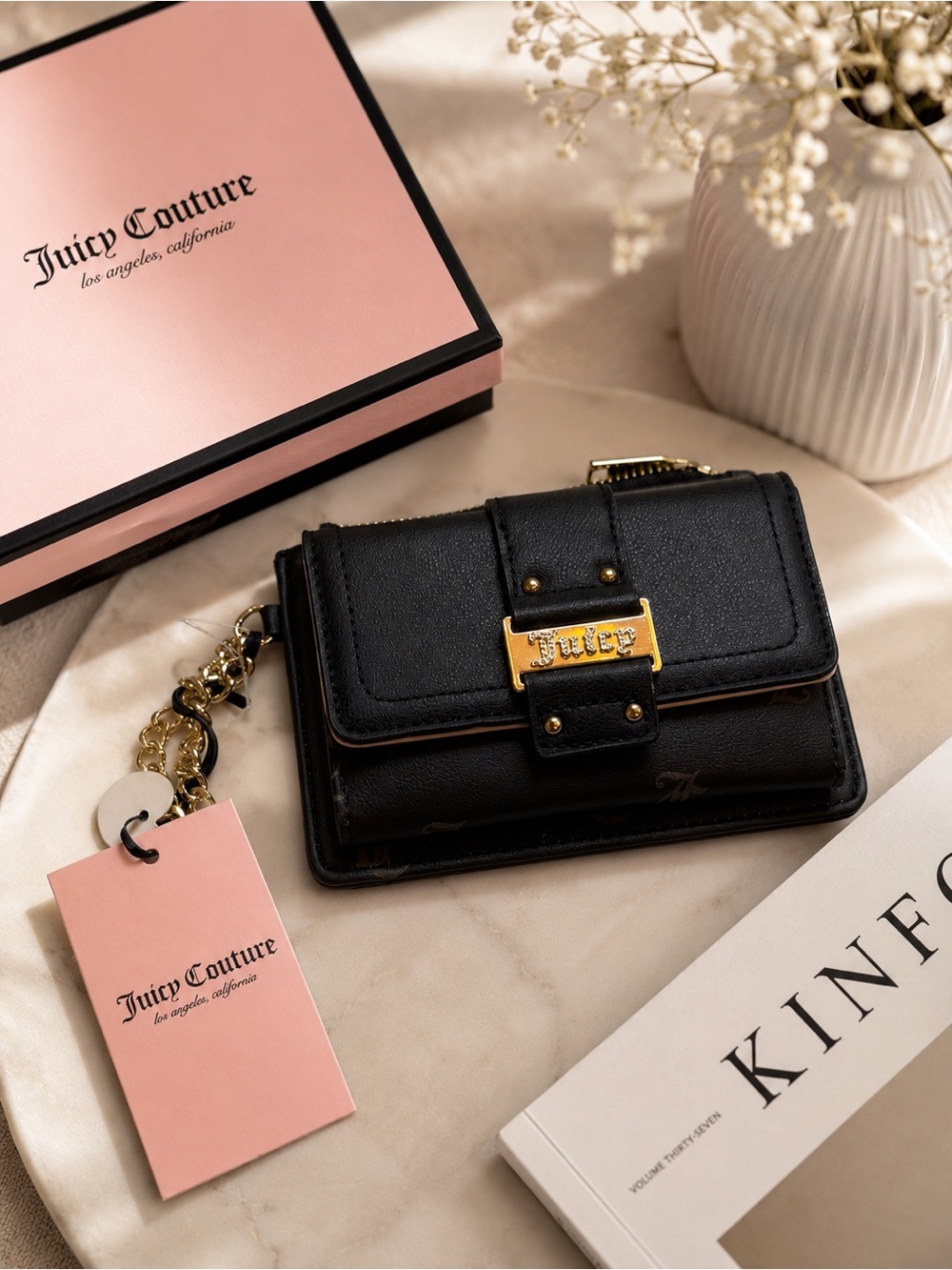 Juicy Couture Black Leather Card Wallet with Gold Plate